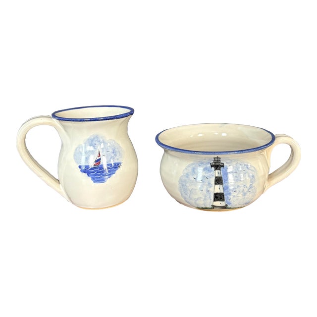 Late 20th Century Cagle Road Nautical Coastal Pitcher and Mug Set With Lighthouse and Sailboat- Set of 2 For Sale