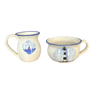 Late 20th Century Cagle Road Nautical Coastal Pitcher and Mug Set With Lighthouse and Sailboat- Set of 2