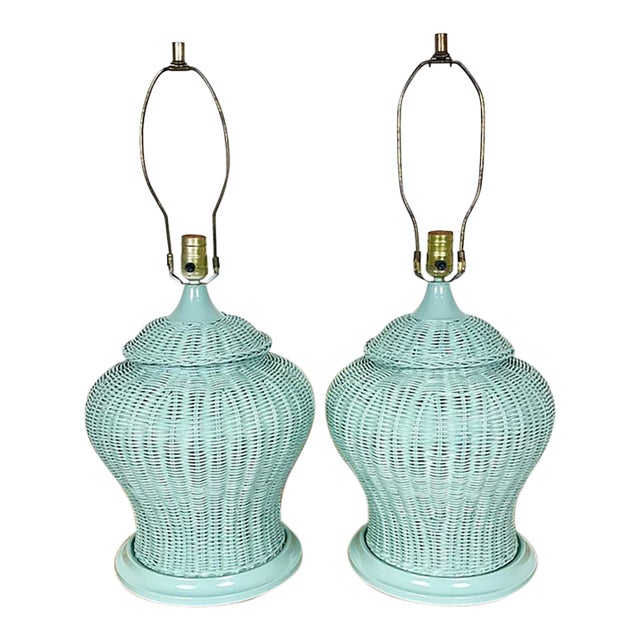 Newly Lacquered Vintage Wicker Lamps- A Pair For Sale