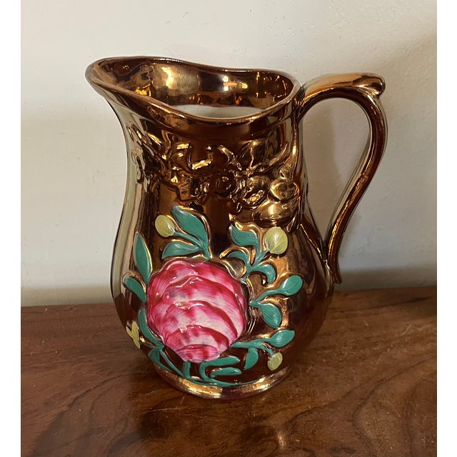 Antique 19th Century English Regency Staffordshire Copper Luster Pitcher With Relief Molded Pink Roses For Sale - Image 10 of 14