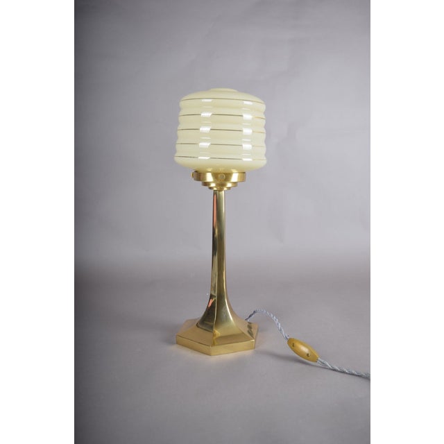 Josef Hoffmann Style Brass Table Lamp, Opaline Glass Shade, Wiener Werkstätte Inspired, Austria / Europe, 1990s For Sale - Image 12 of 13
