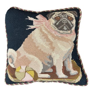 1990s Vintage Pug Needlepoint Pillow by Elizabeth Bradley For Sale