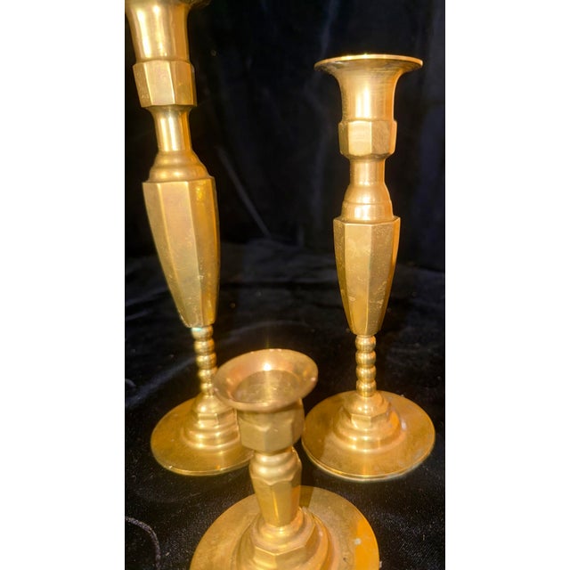 Mid 20th Century Set of 3 Beaded Stem Brass Candlestick Holders For Sale - Image 10 of 12