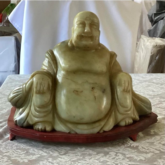 Monumental Antique Chinese Jade-Like Happy Buddha Sculpture on Custom Wooden Base, One-Piece Hand-Carved Jade | Symbol of Prosperity & Joy For Sale In Washington DC - Image 6 of 12