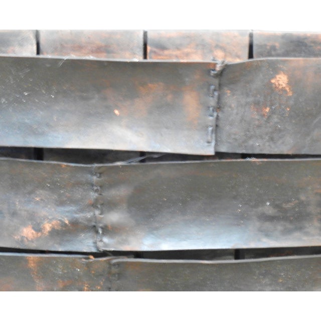 Metal Woven Leather Strap Stool With Saber Legs For Sale - Image 7 of 9