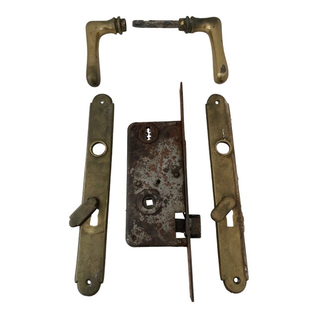 Antique Austrian Brass Door Lock With Handles For Sale