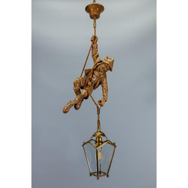 German Carved Linden Wood Mountaineer with Brass Lantern, 1950s For Sale - Image 4 of 18