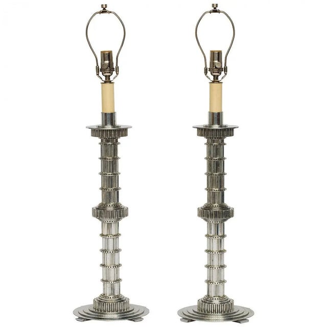Silver Machine Age Cast Aluminum Lamps - A Pair For Sale - Image 8 of 8