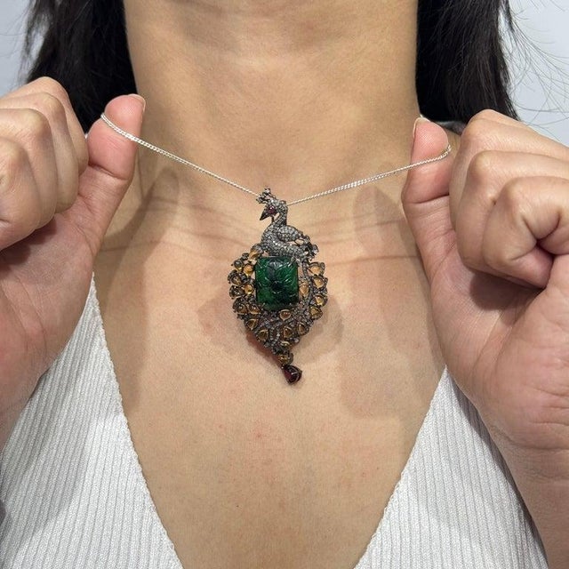 Handcrafted Peacock Motif Brooch Pendant With Multi Gems and Diamonds For Sale - Image 9 of 14