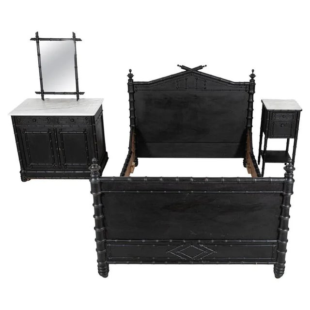 19th Century French Ebonised Faux Bamboo Bedroom Suite, Set of 4 For Sale - Image 13 of 13