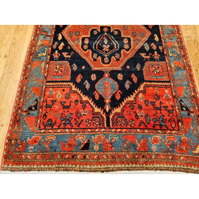 Vintage Persian Malayer Tribal Area Rug, Hand-Knotted Wool, Geometric Pattern, 4x6, Terracotta & Blue For Sale - Image 11 of 16