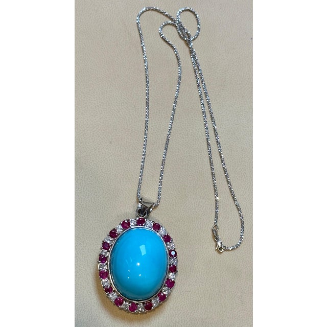 GIA Report 6223835231 Natural Turquoise Vintage Huge 105 Ct Natural Oval Sleeping Beauty Turquoise, Ruby & Diamond Pendant...