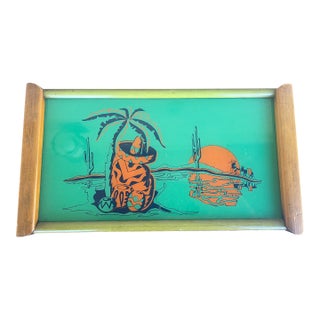 Art Deco Southwestern Reverse Painted Glass Wooden Serving Tray For Sale