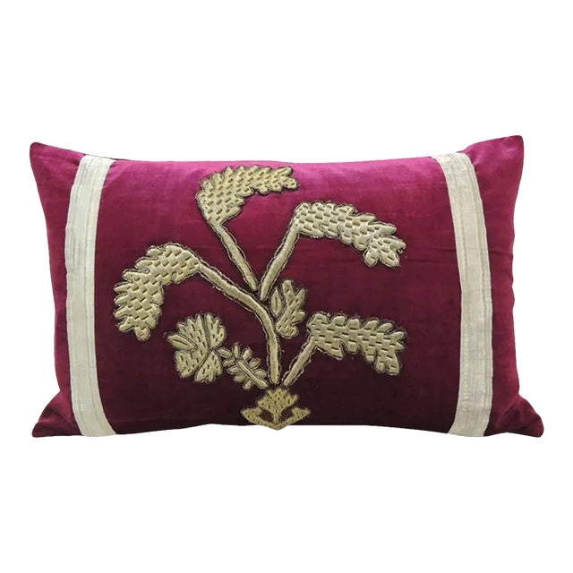 Antique Red & Silver Velvet Embroidery Applique Decorative Pillow For Sale