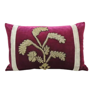 Antique Red & Silver Velvet Embroidery Applique Decorative Pillow
