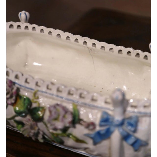 Ceramic 19th Century French Painted Porcelain Barbotine Jardiniere With Floral Motifs For Sale - Image 7 of 10