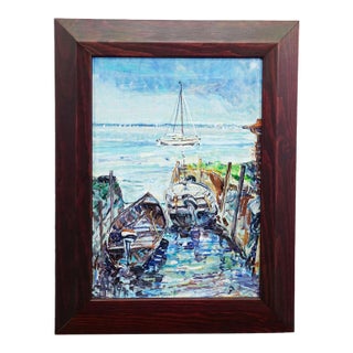 Boat Mooring on Fraueninsel – Oil Painting by Alexander Michael, 1994 For Sale