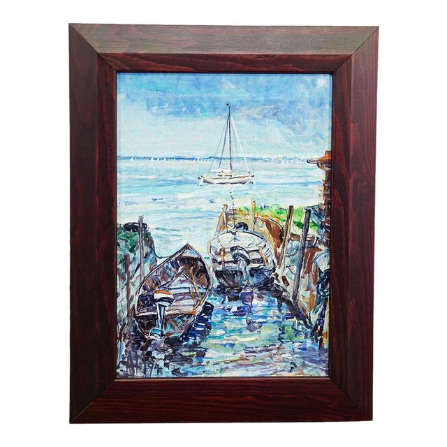 Boat Mooring on Fraueninsel – Oil Painting by Alexander Michael, 1994 For Sale