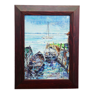 Boat Mooring on Fraueninsel – Oil Painting by Alexander Michael, 1994