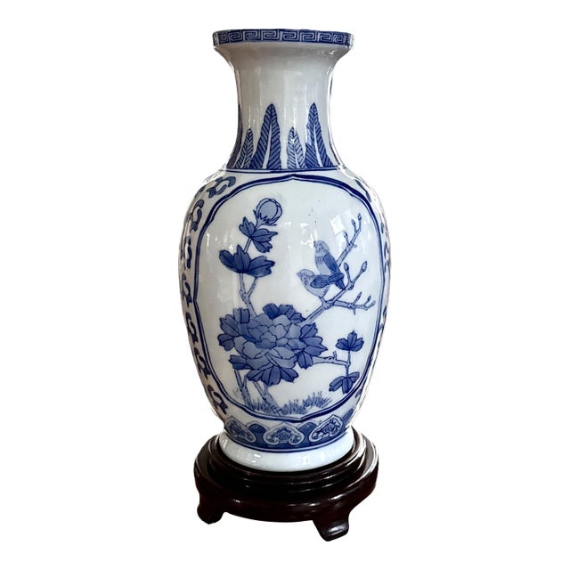 Blue and White Chinoiserie Vase on Carved Wooden Stand For Sale