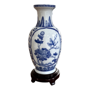 Late 20th Century Blue and White Chinoiserie Vase Blue & White Chinese Porcelain Vase on Carved Wooden Stand — 14.5" Tall