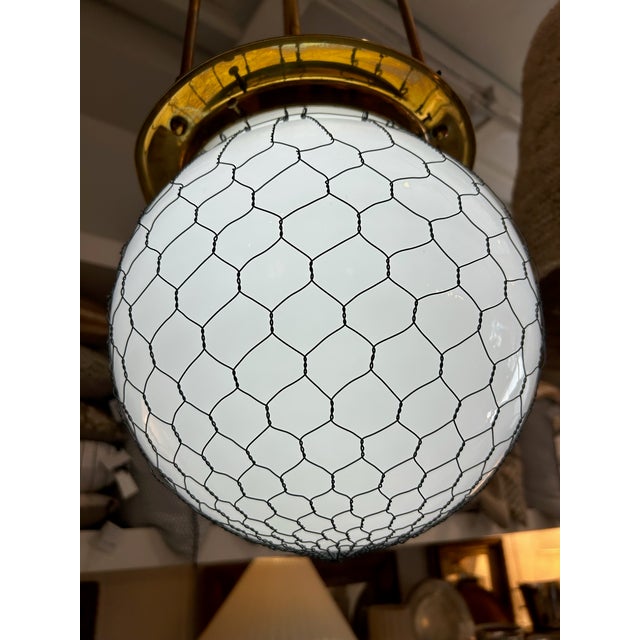 Late 20th Century Unlacquered Brass Hood Classic Pendant With 12-Inch Opal Globe With Wire Mesh For Sale In Los Angeles - Image 6 of 12