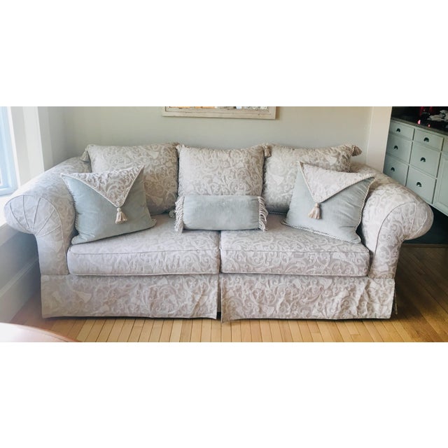 Greige and Silver Sage Damask Sofa With Velvet Accent Pillows Chairish