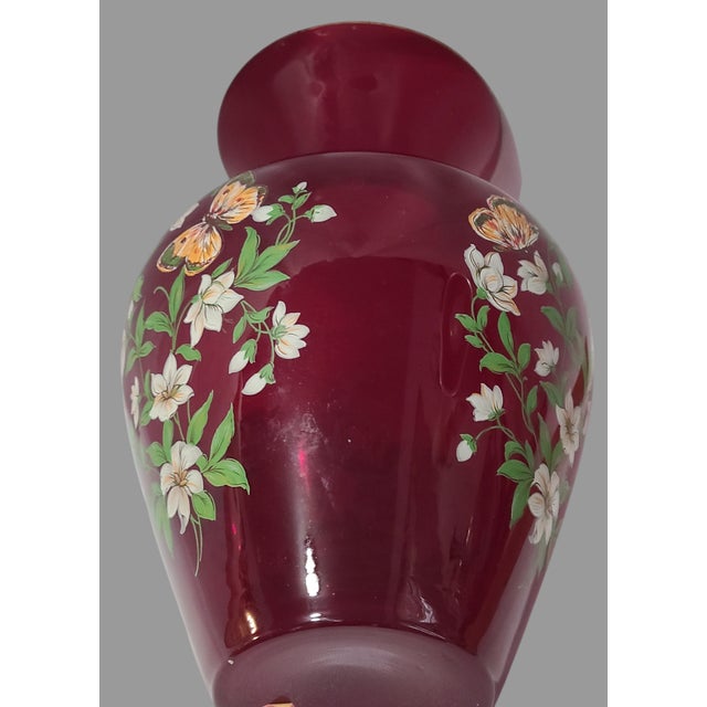 Traditional Vintage Italian Red Cranberry Glass Painted Butterfly Floral Vase For Sale - Image 3 of 6