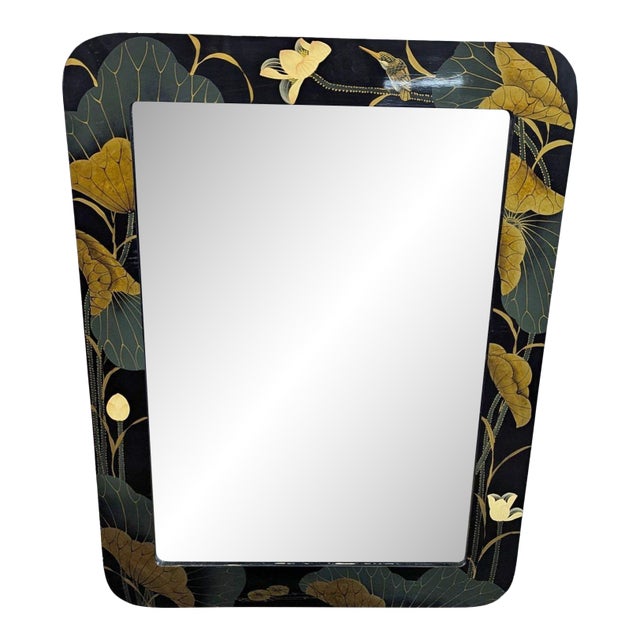 Asian Inspired Lacquered Wood Framed Mirror For Sale