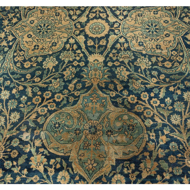 Blue Antique Persian Kirman Botanic Navy Blue Background Rug For Sale - Image 8 of 9