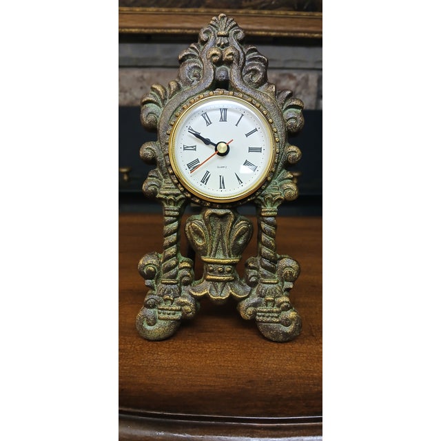 Classical Roman Vintage Ornate Quartz Mantel Clock With Intricate Detailing For Sale - Image 3 of 12