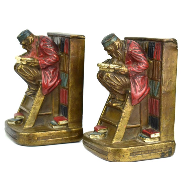 Art Deco Antique Rare Hand Painted Armor Bronze "The Bookworm" Polychrome Scholar on Library Ladder Bookends - A Pair For Sale - Image 3 of 14