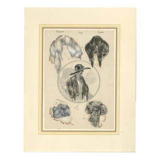 After Ferdinand-Léon Ménétrier, Fashion Design with Fur Stoles and Lady, 1910, Watercolor and Gouache on Cardboard For Sale