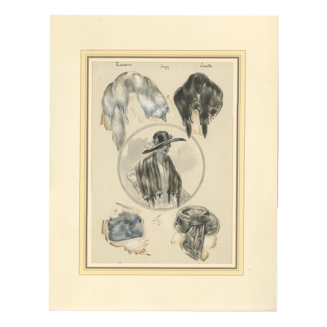 After Ferdinand-Léon Ménétrier, Fashion Design with Fur Stoles and Lady, 1910, Watercolor and Gouache on Cardboard For Sale