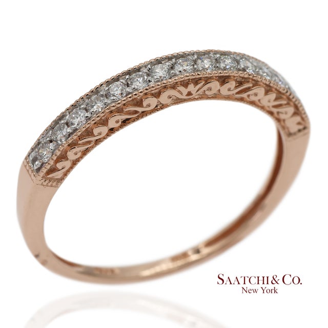 14k 585 Solid Rose Gold Engraving and Milgrain Natural Diamond Band Ring, Size 8 For Sale - Image 9 of 12
