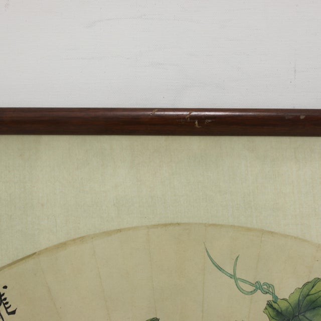 Tan Vintage Chinese Fan Painting Fruit Still Life With Pomegranate and Grapes Framed Ink and Color on Paper With Calligraphy For Sale - Image 8 of 11