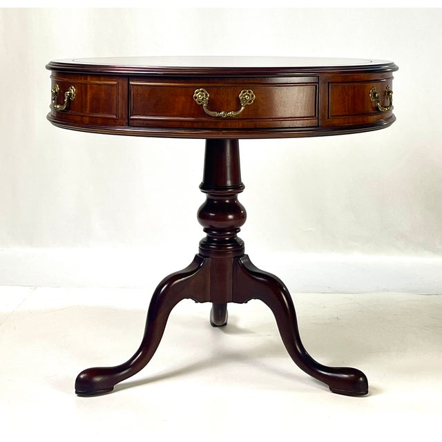 Chippendale Late 20th Century Century Furniture Traditional Burl Wood and Mahogany Pedestal Drum Table For Sale - Image 3 of 15