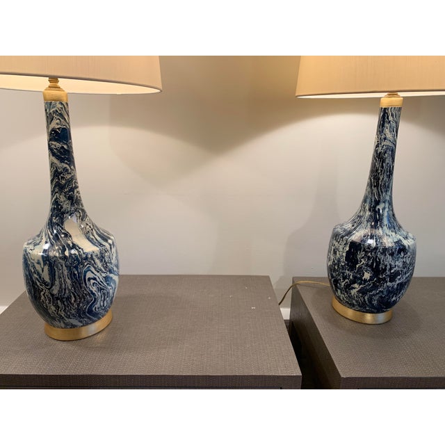 Mid-Century Modern Blue and White Table Lamps With Shades - a Pair For Sale - Image 3 of 8