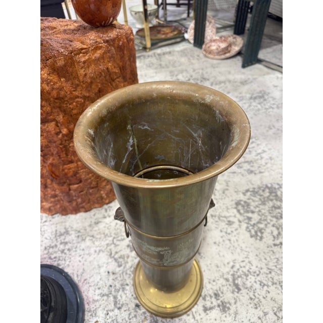 Vintage Solid Brass Umbrella Stand With Etched Deer & Cranes, Gargoyles For Sale - Image 4 of 7