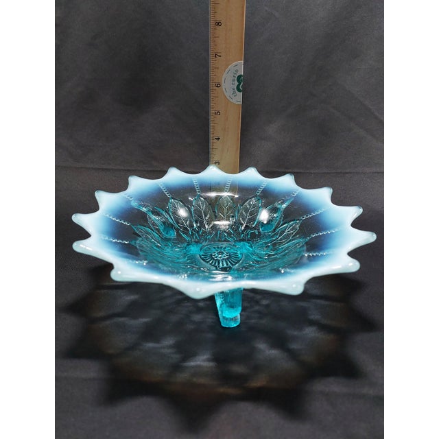 Glass 1905 Edwardian Northwood Leaf and Beads Blue Opalescent 7 Inch 3 Footed Bowl For Sale - Image 7 of 8