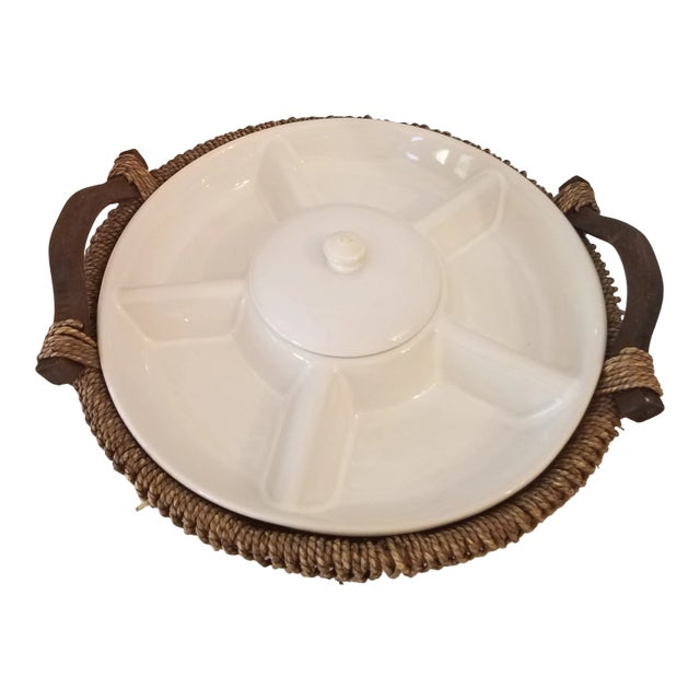 Vintage Porcelain Five-Section Vegetable & Dip Bowl W/ Handled Wicker Carrier For Sale