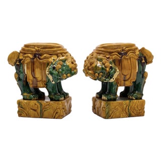 Mid-Century Chinese Export Majolica Glaze Foo Dog Pottery Garden Seats Side Tables - Pair For Sale