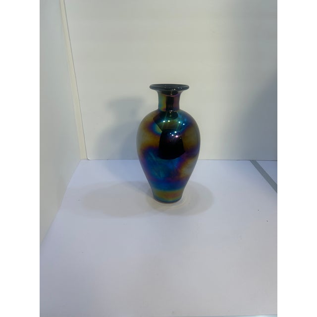Vintage 11" Iridescent Art Glass Vase in Cobalt Amethyst – Czech / Kralik Style For Sale - Image 11 of 13