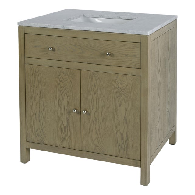 Nora 32 in. W Rectangular Wood & Marble Bathroom Vanity with Storage, Light Oak For Sale