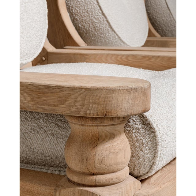 Wood Pair of Brutalist Oak Upholstered Armchairs, Antique, France, Circa 1970 For Sale - Image 7 of 14