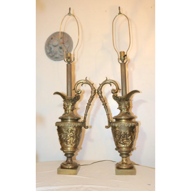 Victorian Huge Pair of 1800's Antique Gilt Bronze Figural Cherub Ewer Urn Vase Table Lamps For Sale - Image 3 of 12
