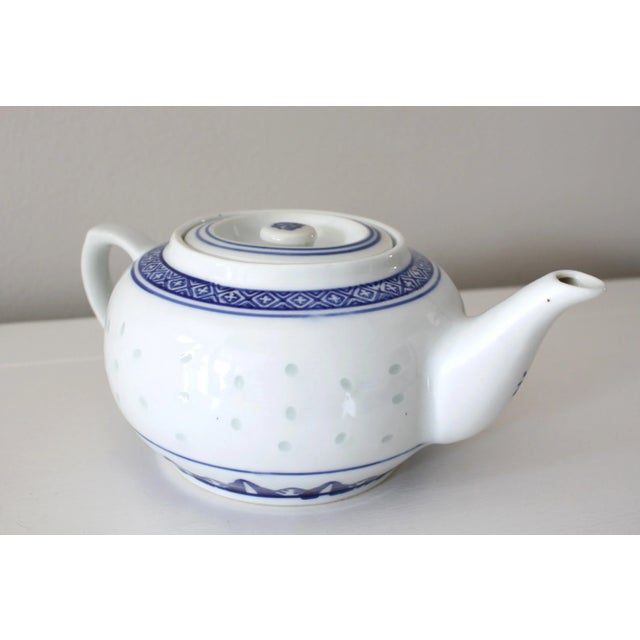 Vintage MidCentury Chinese Rice Grain Blue and White Teapot With Lid