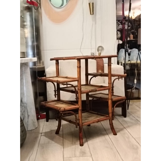Bamboo Etagere with Silk Shelves Painted with Asian Motifs attributed to Alfred Perret and Ernest Vibert, France, 1900s For Sale - Image 9 of 11