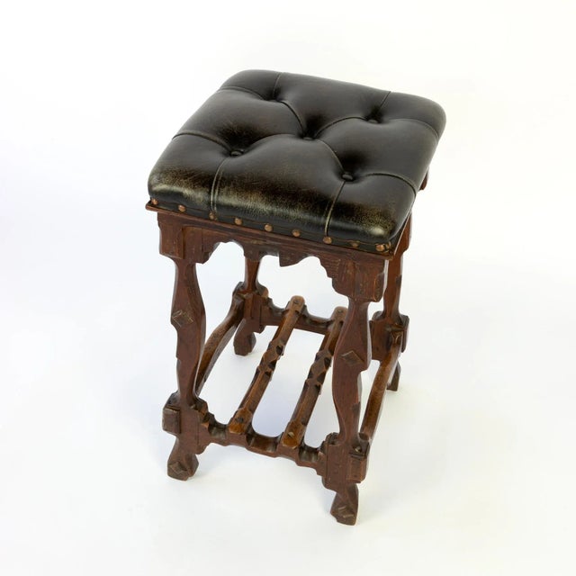 Late 19th Century English Arts & Crafts Tufted Dark Leather Square Stool For Sale In San Francisco - Image 6 of 11