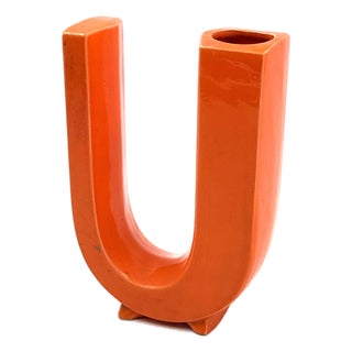 Space Age Orange U Letter Shaped Ceramic Solifleur Vase by Marcel Radureau, 1970 For Sale